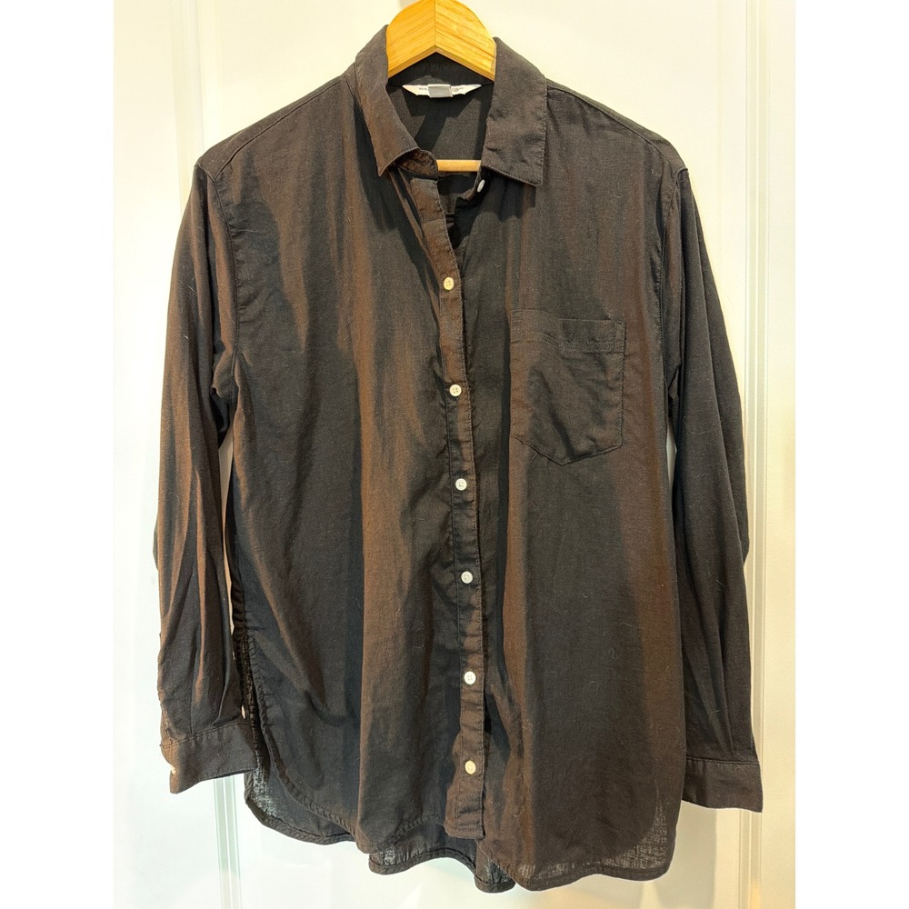 Old Navy The Boyfriend Shirt Womens Small Black Linen Blend Button Down Shirt